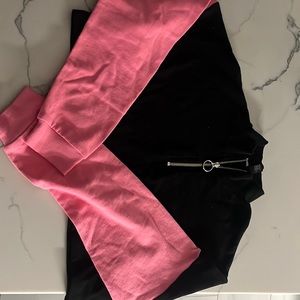 Pink and black colorblock cropped zip up